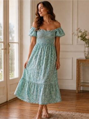April Cornell Floral Blue Maxi Dress Size S Cottagecore Prairie Feminine